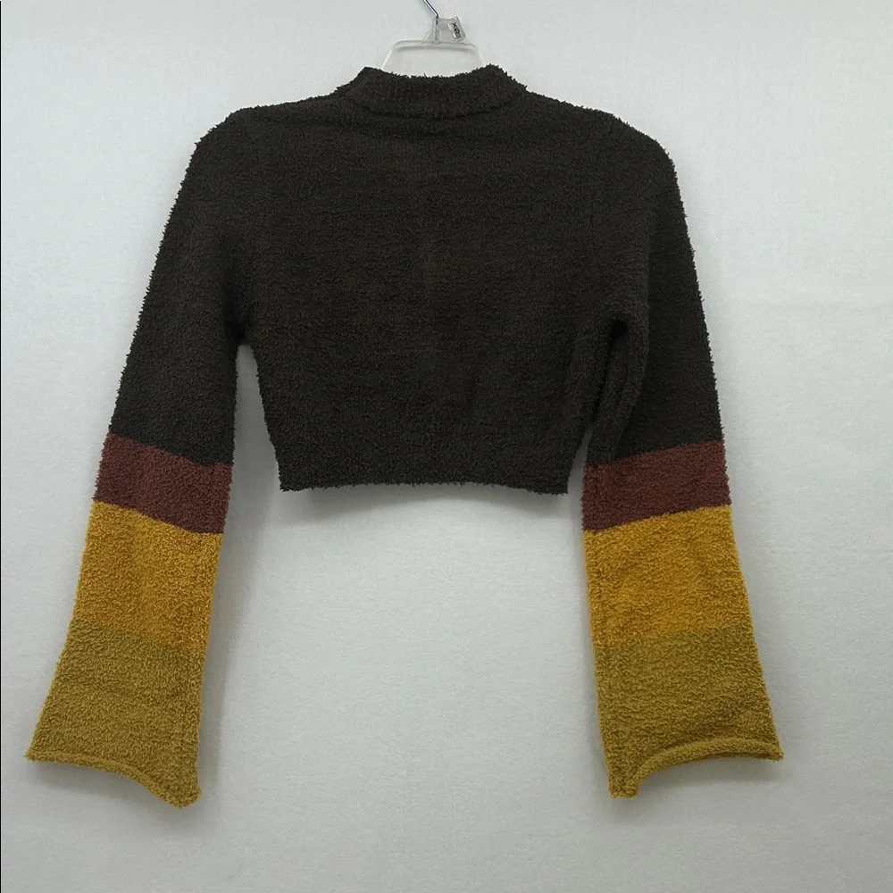 Lakhays Cozy Brown Cropped Sweater with Multicolor Bell Sleeves NWT - Picture 5 of 5